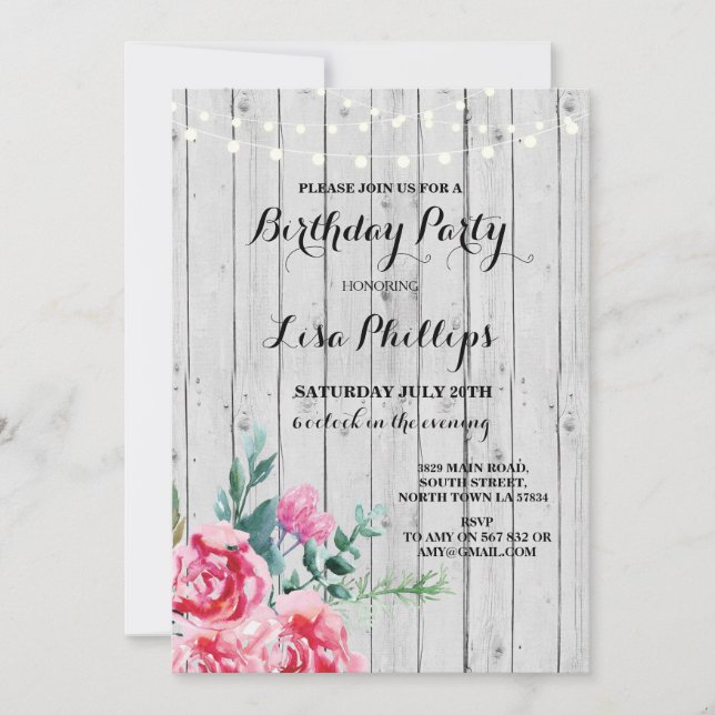 Birthday Party Rustic Pink Floral Wood Invite 40th (Front)