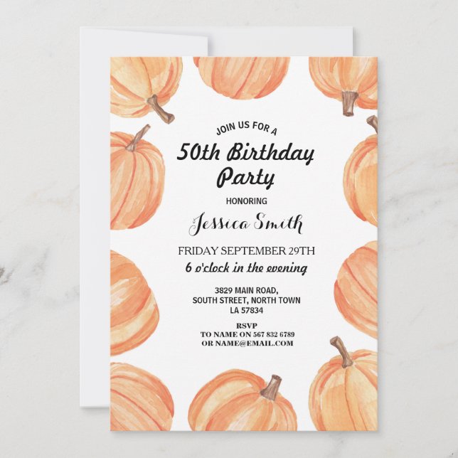 Birthday Party Rustic Watercolor Pumpkin Fall Invitation (Front)