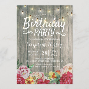 Birthday Party Rustic Wood Flowers & String Lights Invitation