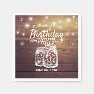 Birthday Party Rustic Wood Mason Jar String Lights Napkin