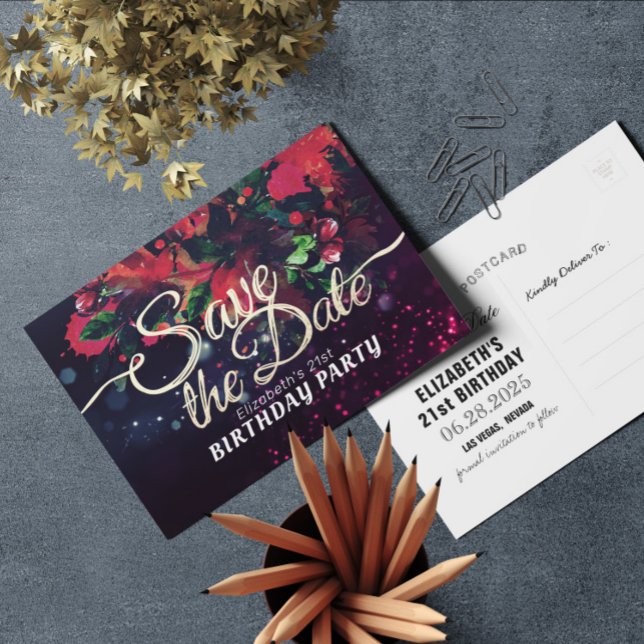 Birthday Party Save The Date Flowers Purple Lights Invitation Postcard (Creator Uploaded)