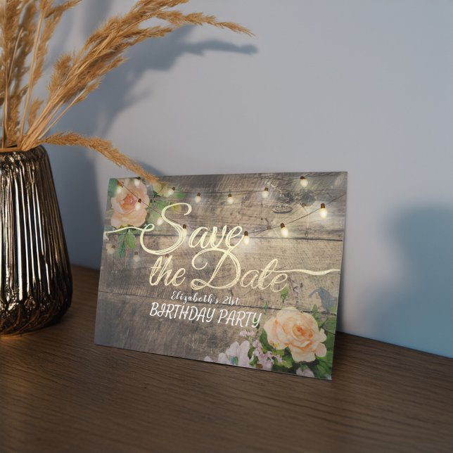 Birthday Party Save The Date Flowers Wood Lights Invitation Postcard (Creator Uploaded)