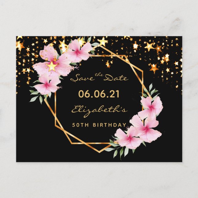 Birthday party Save the Date tropical black stars Postcard (Front)