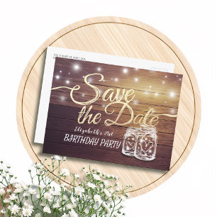 Birthday Party Save The Date Wood Mason Jar Lights Invitation Postcard
