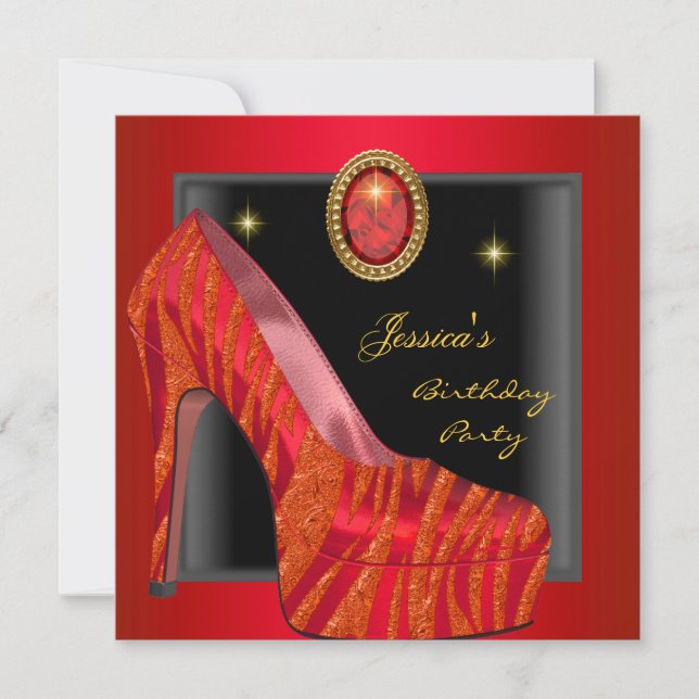 Birthday Party Shoe Gold Red Black Zebra Invitation (Front)