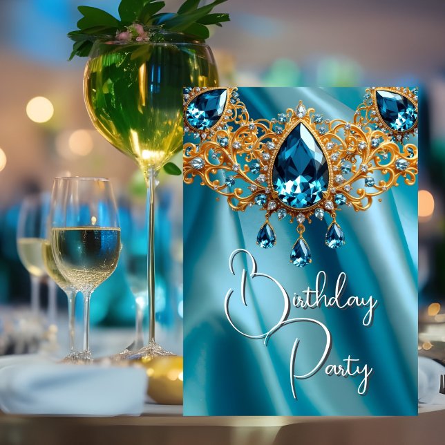 Birthday Party Silk Blue Topaz jewel Gold Invitation (Creator Uploaded)