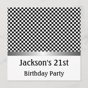Birthday Party Silver Black & White Check Pattern Invitation