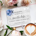 Birthday party silver blue florals glitter script save the date<br><div class="desc">A girly and trendy Save the Date for a 50th (or any age) birthday party. A classic faux silver metallic looking background decorated with faux silver glitter dust and blue flowers. Personalise and add a date and name/age. The text: Save the Date is written with a large trendy hand lettered...</div>