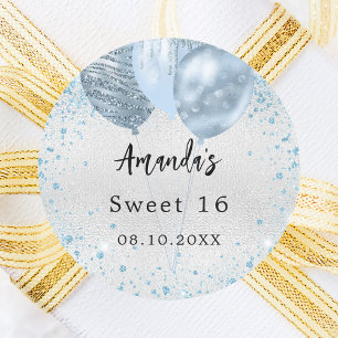 Birthday party silver blue glitter balloons classic round sticker