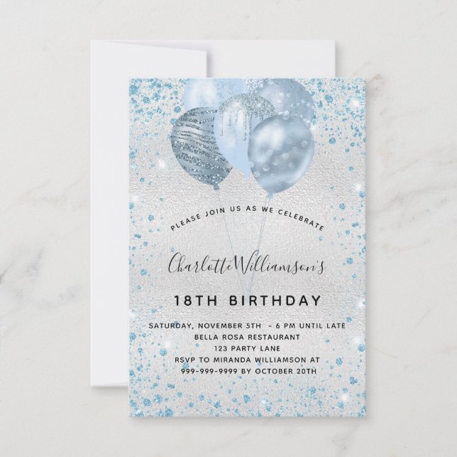 Birthday party silver blue glitter dust balloons invitation (Front)