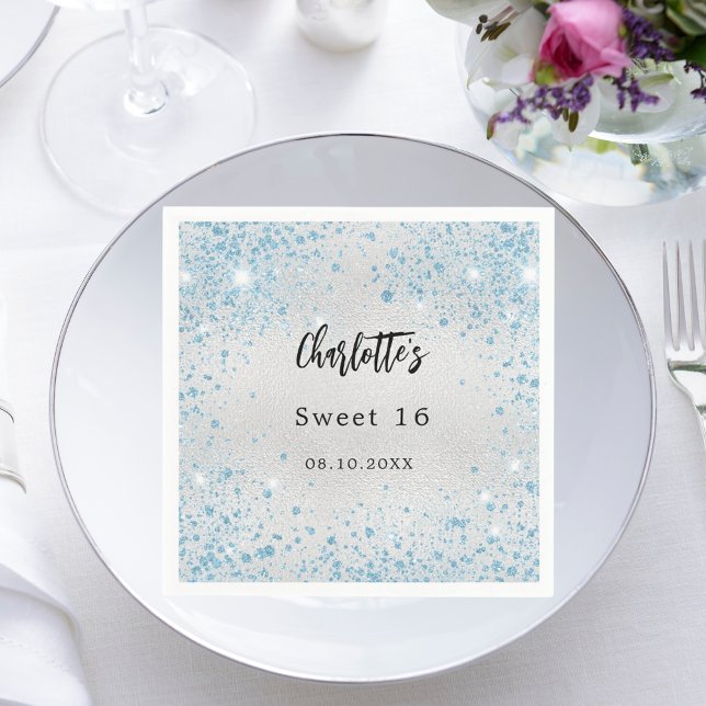 Birthday party silver blue glitter name napkin (Creator Uploaded)