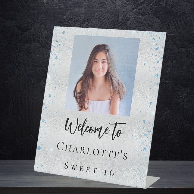 Birthday party silver blue glitter photo welcome pedestal sign (Creator Uploaded)