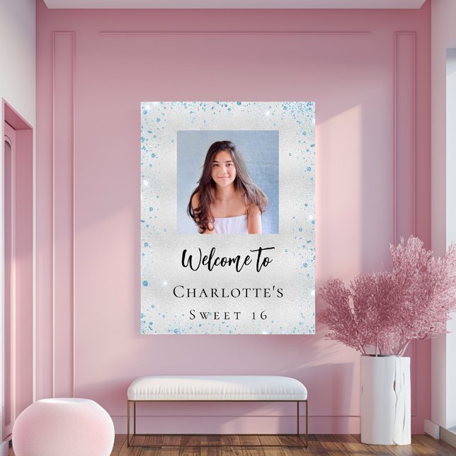 Birthday party silver blue glitter photo welcome  poster (Creator Uploaded)