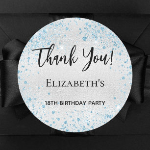 Birthday party silver blue glitter thank you classic round sticker