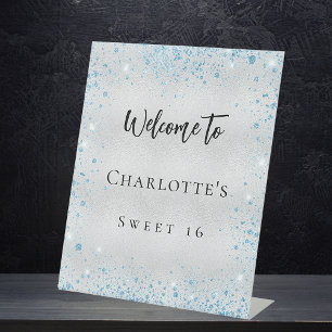 Birthday party silver blue glitter welcome pedestal sign