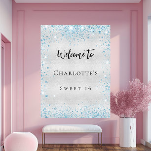 Birthday party silver blue glitter welcome poster