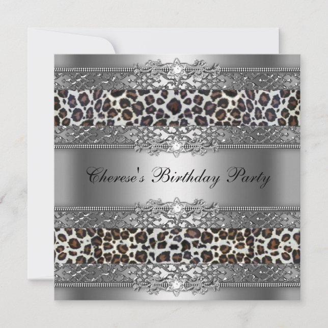 Birthday Party Silver Cheetah Diamond Invitation (Front)