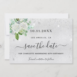 Birthday party silver floral save the date 