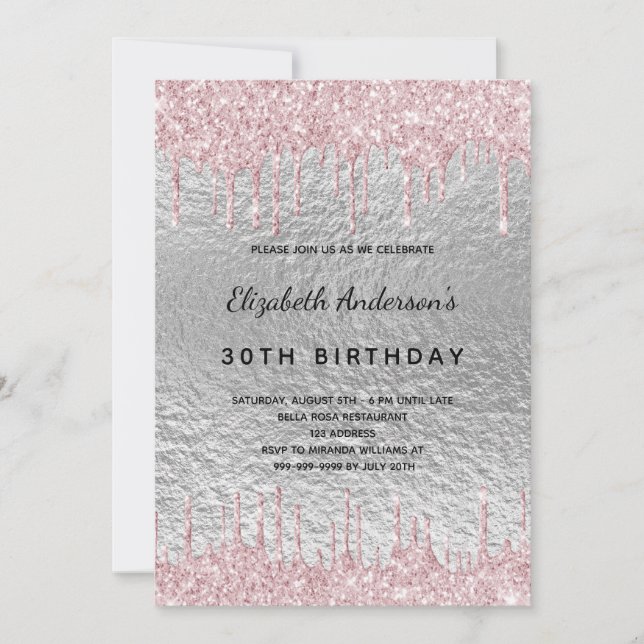 Birthday party silver glitter drips metal pink invitation (Front)