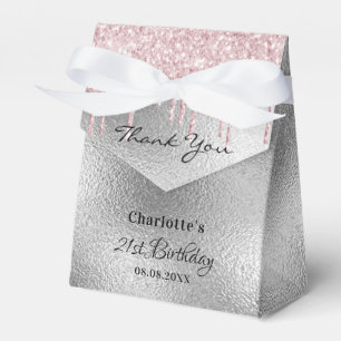 Birthday Party silver glitter drips pink thank you Favour Box