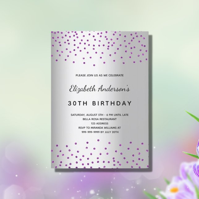Birthday party silver glitter drops metal purple  invitation (Creator Uploaded)