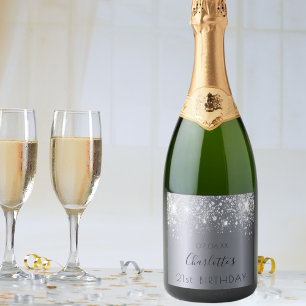 Birthday party silver glitter dust monogram sparkling wine label