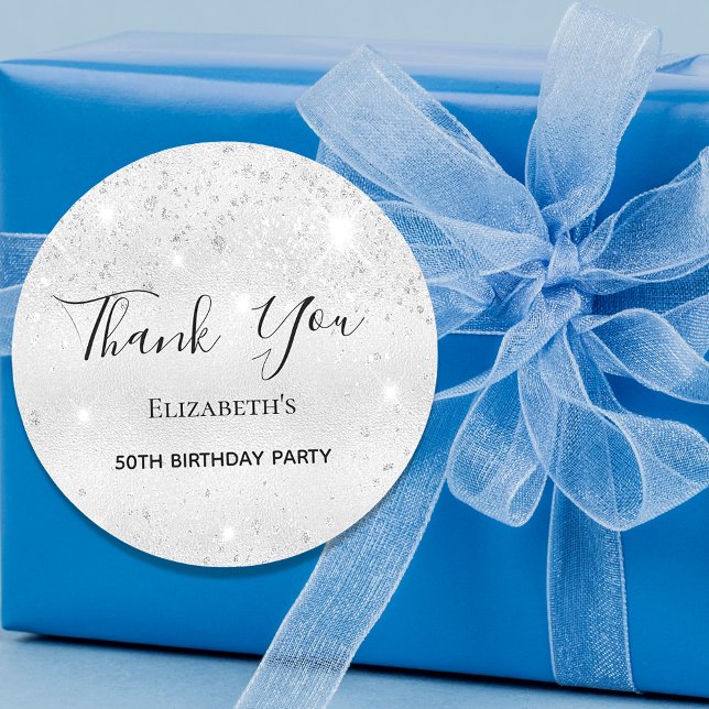 Birthday Party silver glitter dust name Thank You Classic Round Sticker (Creator Uploaded)