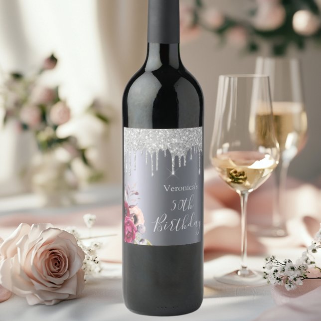 Birthday party silver glitter floral name burgundy wine label (Creator Uploaded)