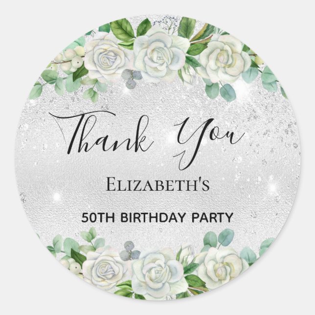 Birthday Party silver glitter floral Thank You Classic Round Sticker (Front)