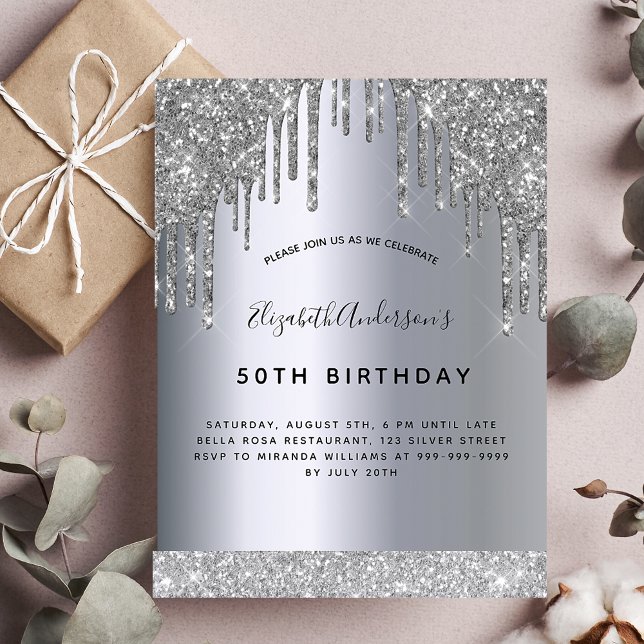 Birthday party silver glitter invitation postcard (Creator Uploaded)