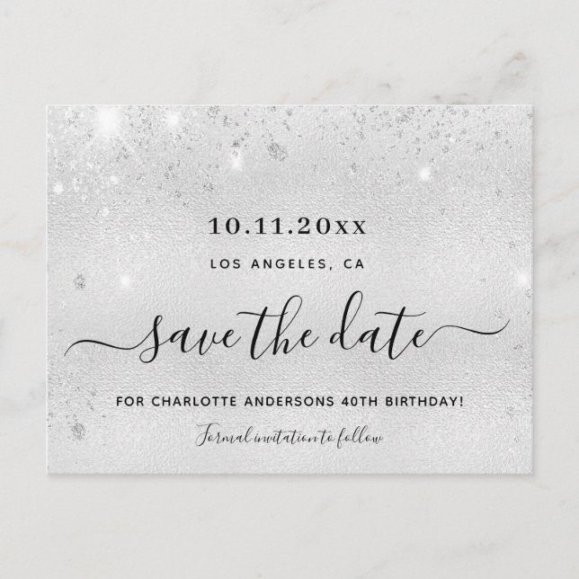 Birthday party silver glitter metal save the date announcement postcard (Front)