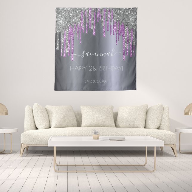 Birthday party silver glitter purple sparkle glam tapestry (Creator Uploaded)