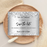 Birthday party silver glitter script save the date announcement postcard<br><div class="desc">An elegant Save the Date card for a 40th (or any age) birthday party. A modern faux silver looking background decorated with faux glitter sparkles. Personalise and add a date and name/age 40. The text: Save the Date is written with a large trendy hand lettered style script.</div>