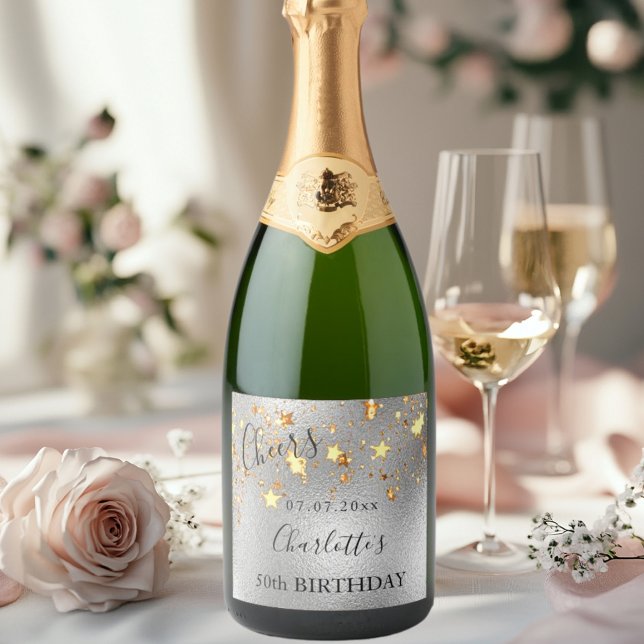 Birthday party silver gold stars cheers sparkling wine label (Creator Uploaded)