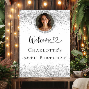 Birthday party silver photo diamonds welcome poster