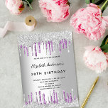 Birthday party silver purple glitter drips invitation<br><div class="desc">A modern,  stylish and glamourous invitation for a woman's 30th (or any age) birthday party.  A faux silver looking background with purple faux glitter drip,  paint dripping look. The name is written with a black modern hand lettered style script.  Personalise and add a name,  age and party details.</div>