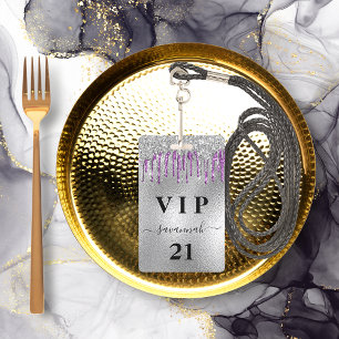 Birthday party silver purple glitter drips vip  ID badge