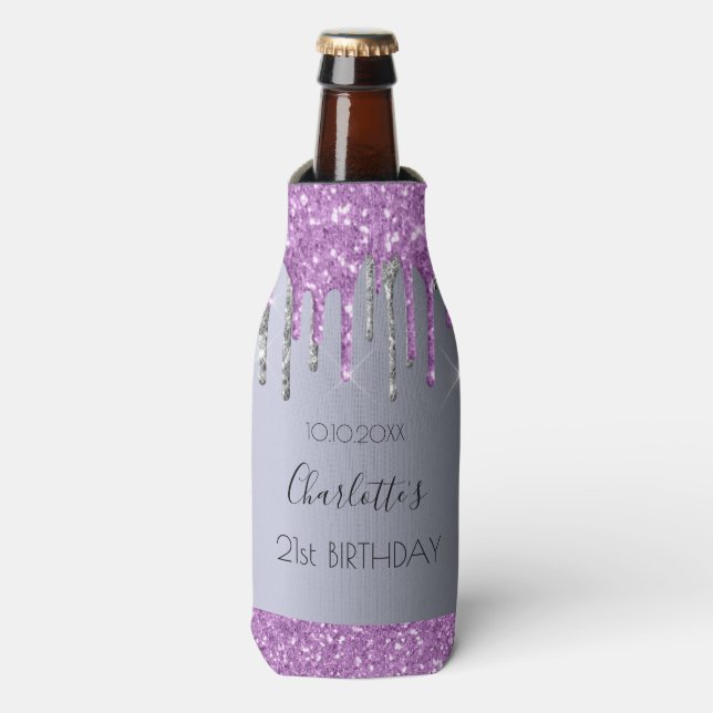 Birthday party silver purple glitter glam sparkle bottle cooler (Bottle Front)