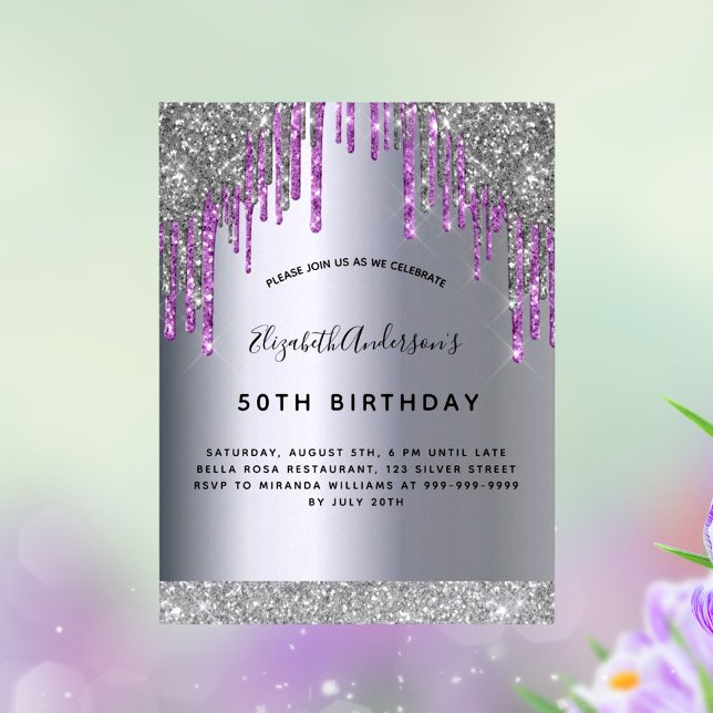 Birthday party silver purple glitter sparkle postcard (Creator Uploaded)