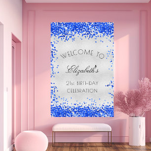 Birthday party silver royal blue confetti welcome poster