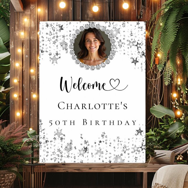 Birthday party silver stars photo diamonds welcome poster (Creator Uploaded)