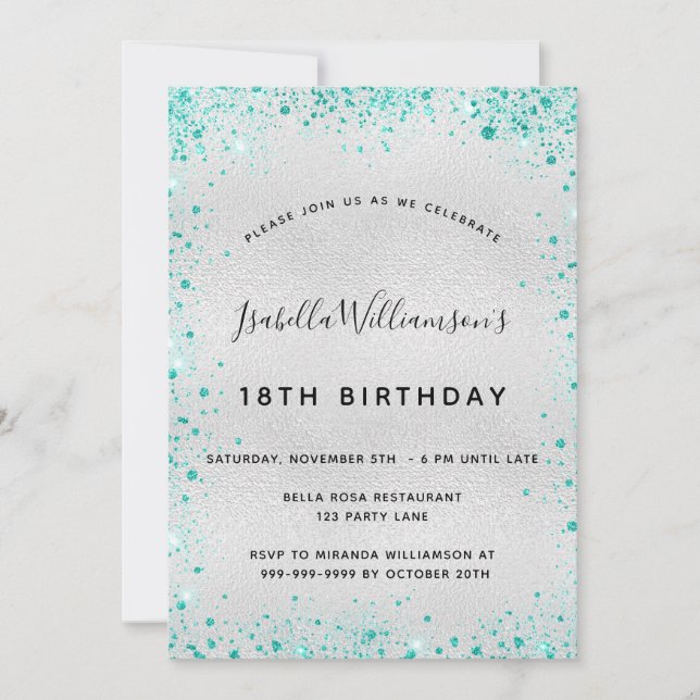 Birthday party silver teal glitter dust glam invitation (Front)