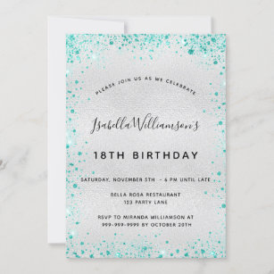 Birthday party silver teal glitter dust glam invitation