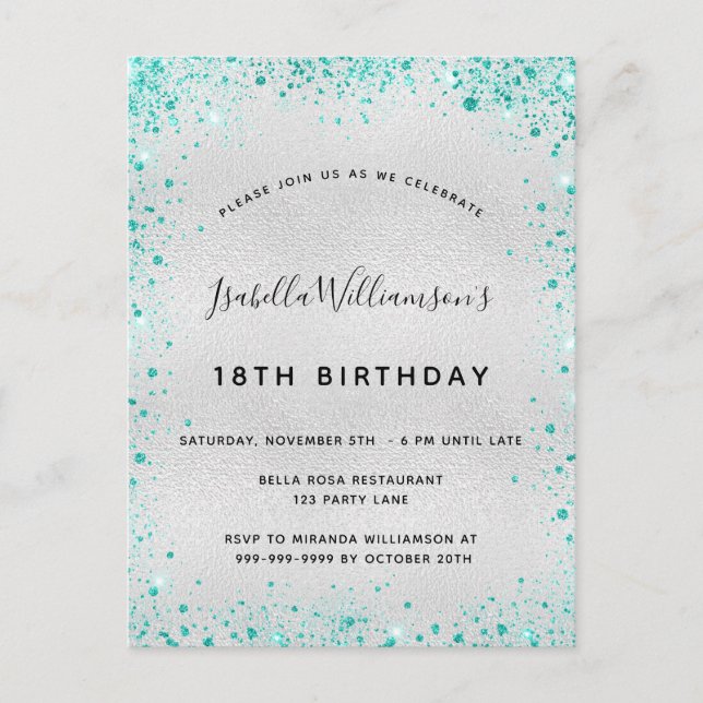 Birthday party silver teal glitter glam invitation postcard (Front)