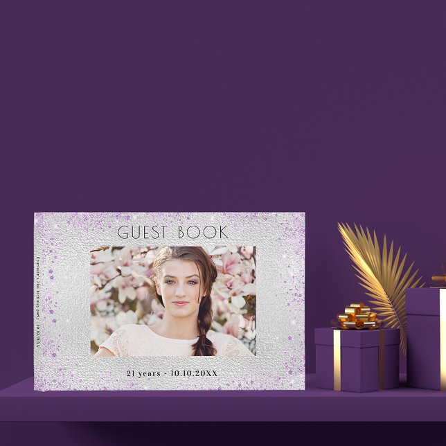 Birthday party silver violet photo collage guest book (Creator Uploaded)