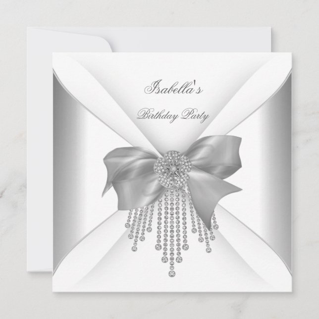 Birthday Party Silver White Diamond Bow Invitation (Front)