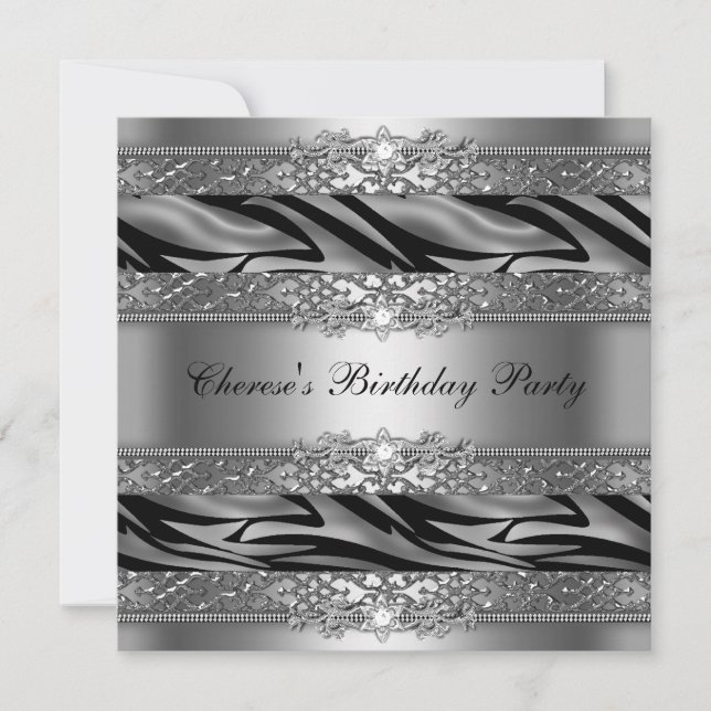 Birthday Party Silver Zebra Diamond Invitation (Front)