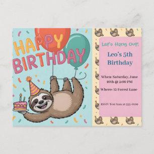 Birthday Party Sloth with Balloons and Cake Invitation Postcard