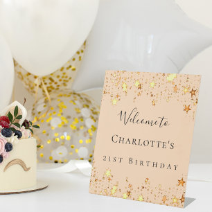 Birthday party soft peach gold stars welcome pedestal sign