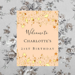 Birthday party soft peach gold stars welcome poster